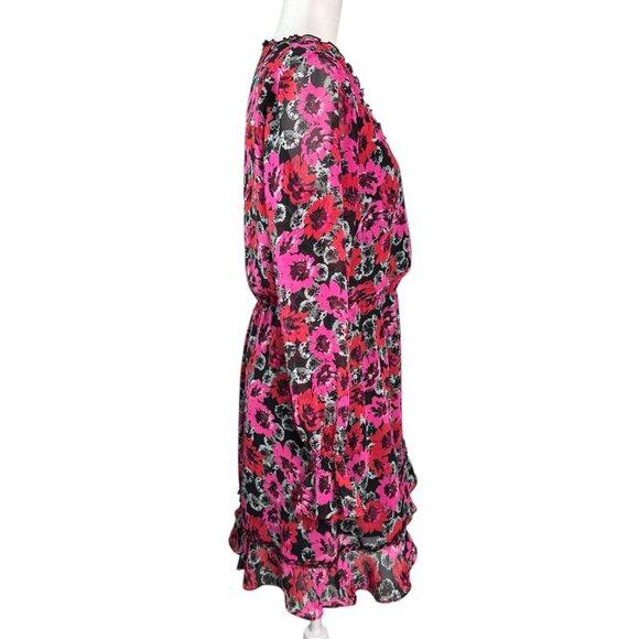 H&M Divided Red Fuchsia Pink Black Floral Faux Wrap Long Sleeve Dress Size M - Picture 7 of 10